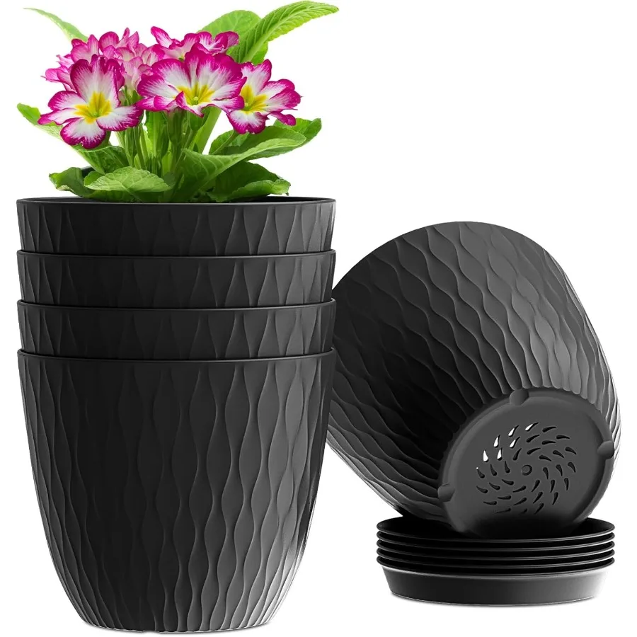 

6 inch Plant Pots 5 Pack Flower Pots with Drainage Holes and Saucers for Indoor Plants Plastic Planters with Water Ripple for S