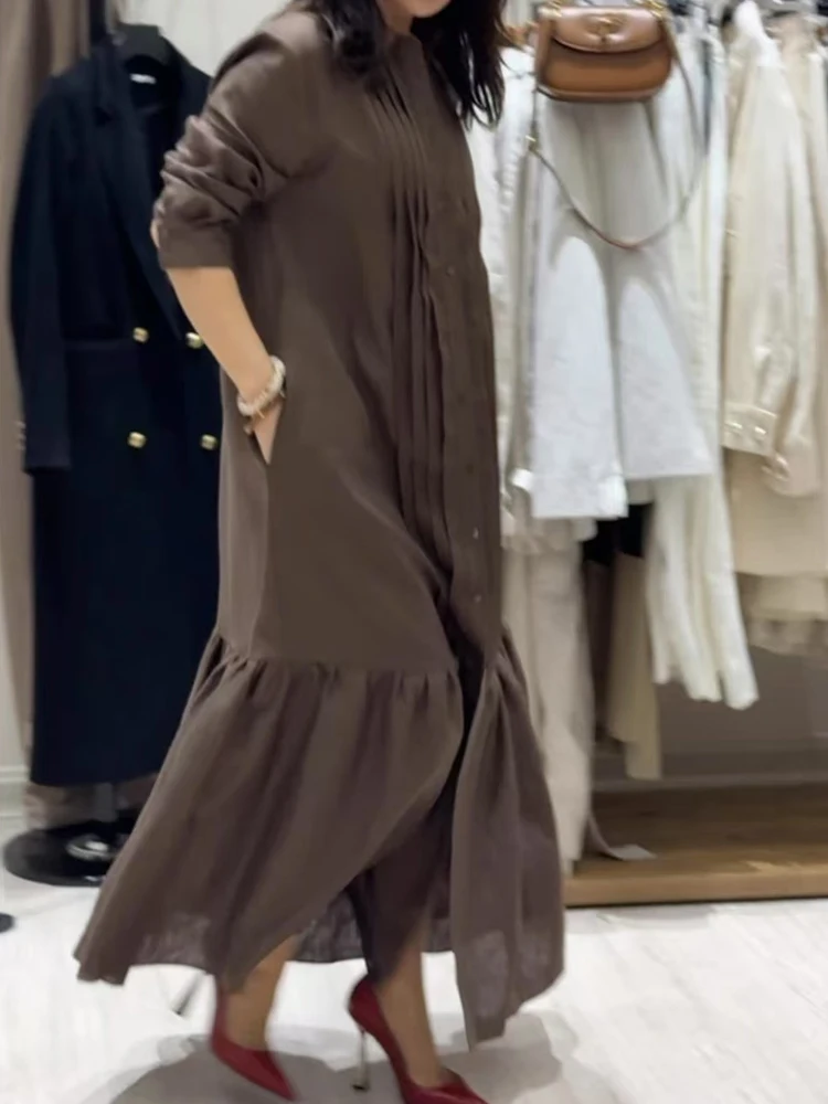 패션 라펠 싱글 브레스티드 셔츠 드레스 여성 캐주얼 긴팔 루즈 파티 드레스 우아한 하이 웨이스트 드레이프 솔리드 롱 드레스