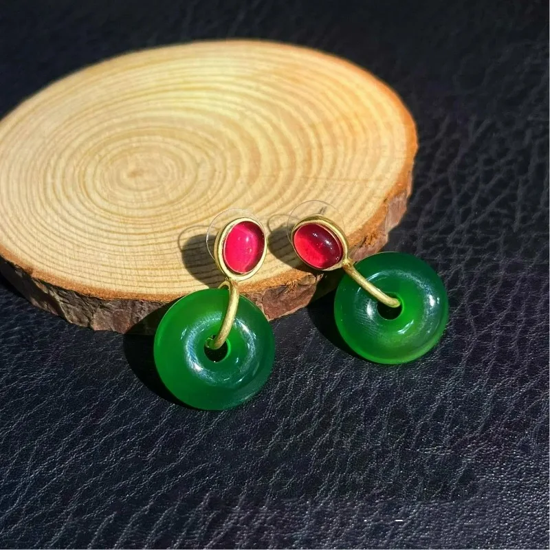 

New Chinese Style Elegant Design Sense Peace Buckle Shape Earrings Exquisite Temperament Natural Stone Earrings