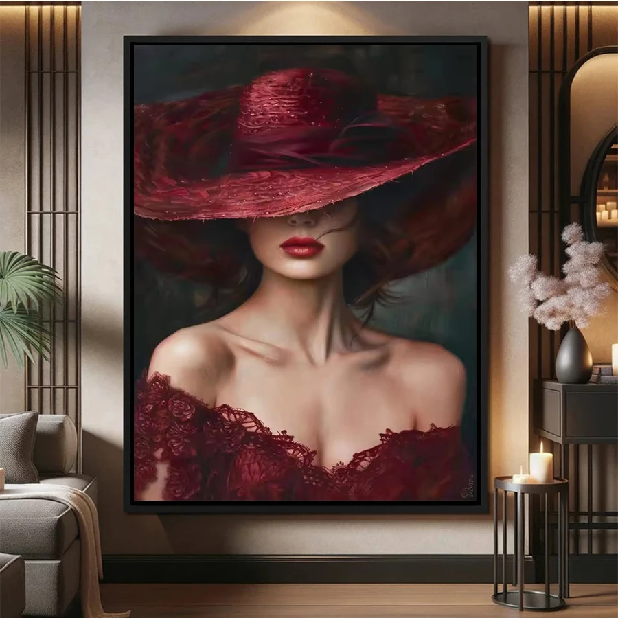 Diamentowa mozaika okrągła Sztuka współczesna Czerwona sukienka Kapelusz dla kobiet Haft krzyżykowy Diamentowy haft Sztuka Malarstwo Dekoracje do domu