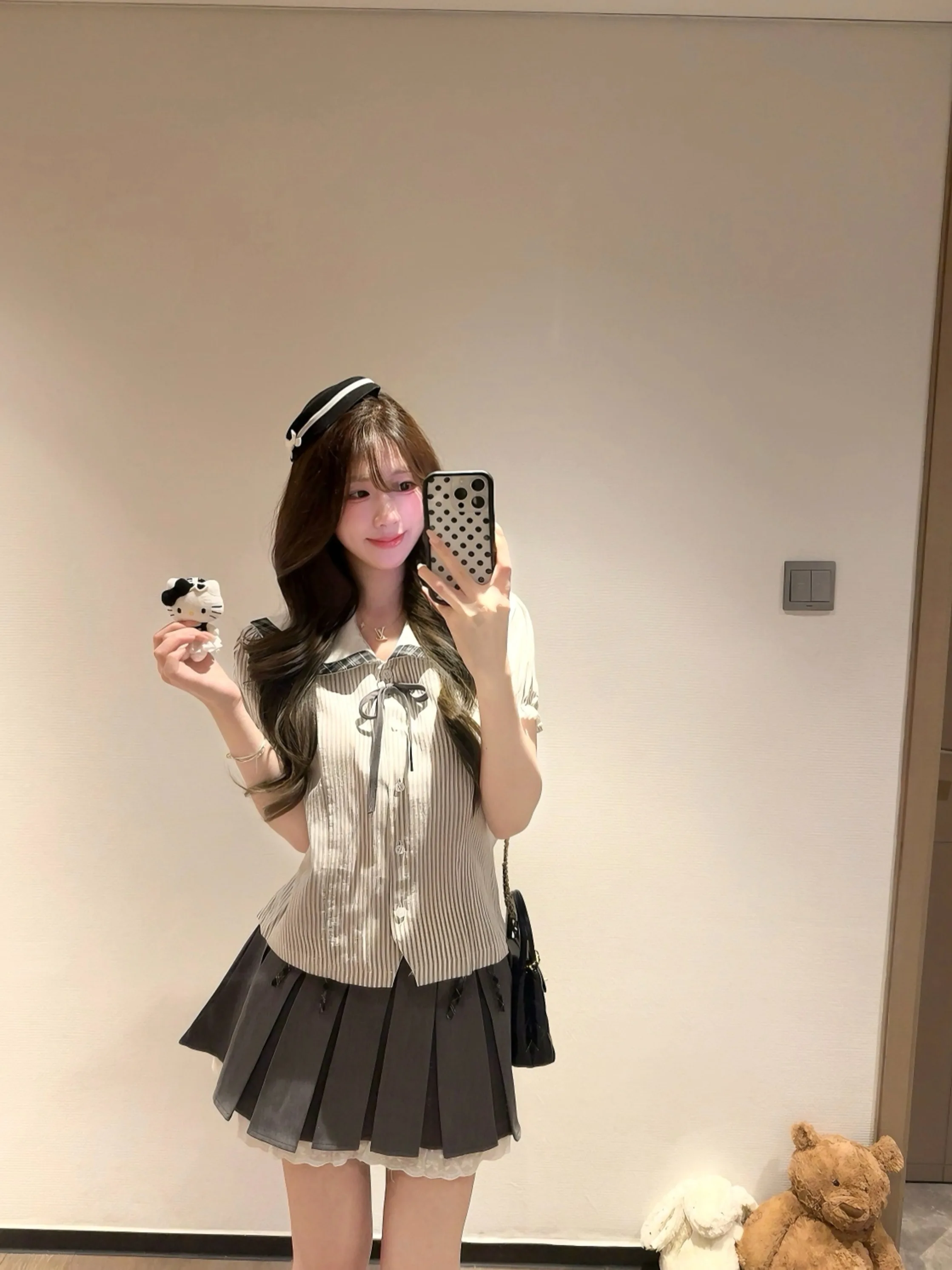 

Kumikumi College Style Striped Knot Short Sleeve Shirt Women's Summer Anti-Aging Slimming Pleated Skirt Two-Piece Set