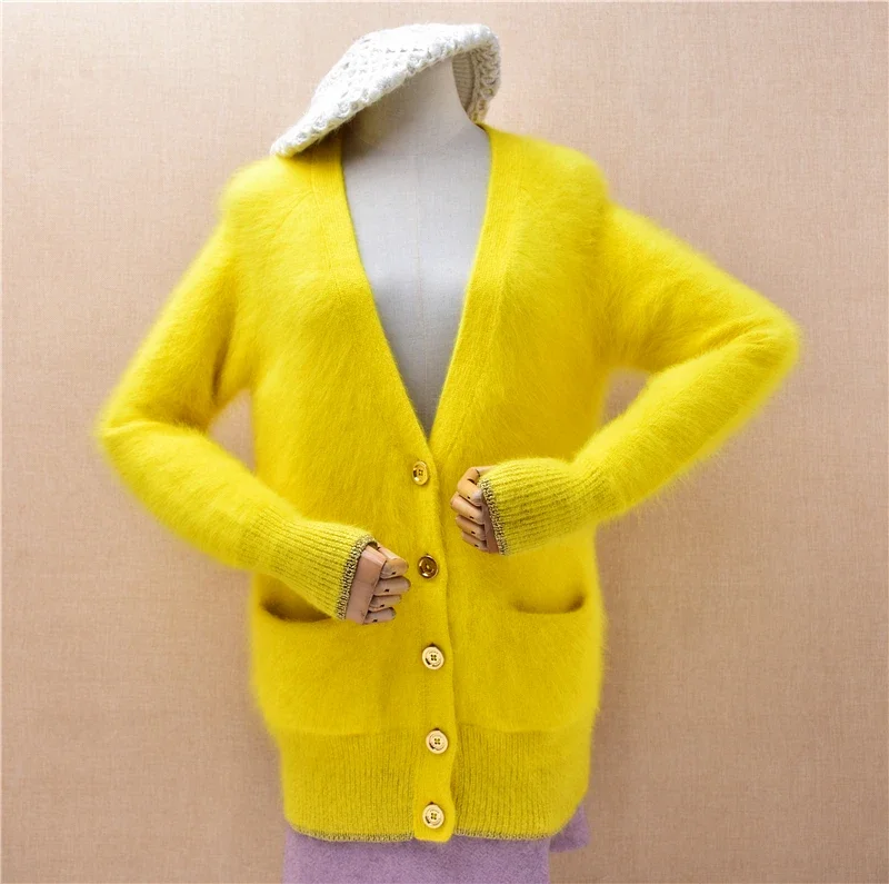 

Women Mujer Autumn Winter Clothing Hairy Mink Cashmere Knitted V-Neck Long Sleeves Loose Cardigans Angora Fur Sweater Jacket Top