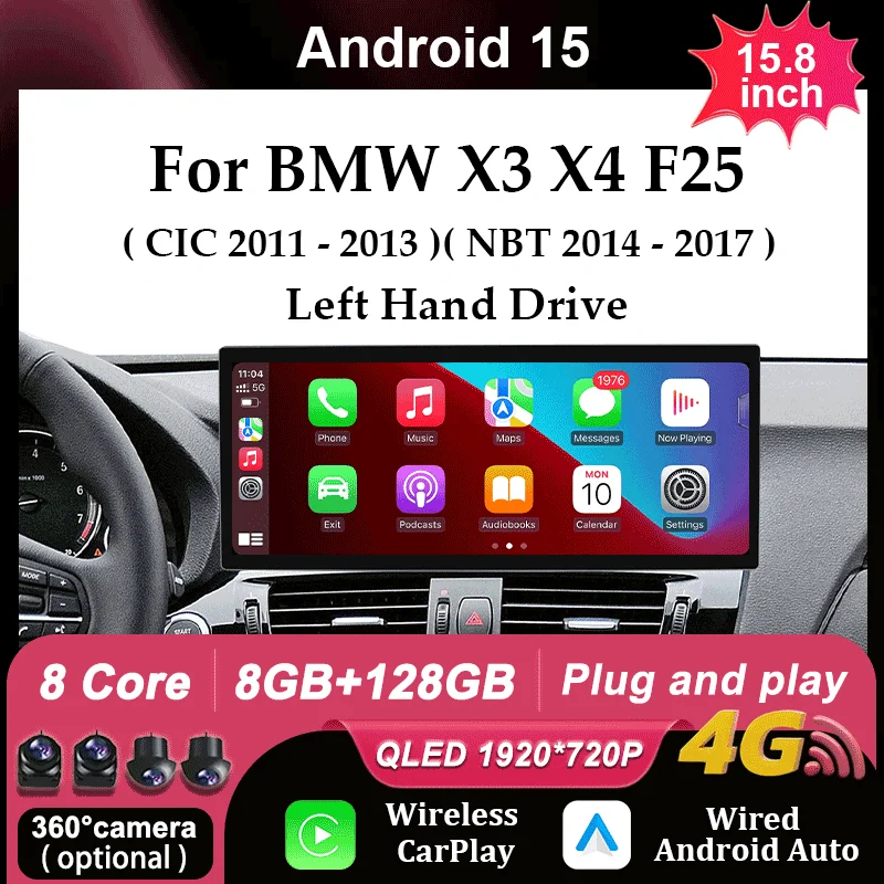 

15.8 inch Navigation GPS CarPlay Android 15 Car Radio Video Left Hand Drive for BMW X3 X4 F25 2011-2017 NBT CIC System No 2 din