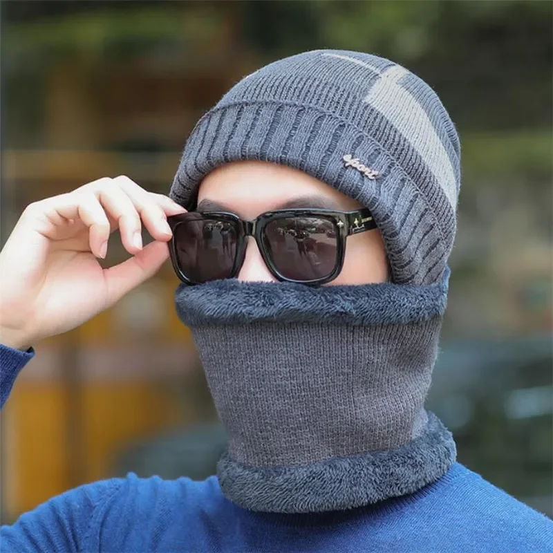 Chapéu de inverno masculino e cachecol homem quente malha chapéu de pelúcia 2 pçs conjunto 2019 masculino retalhos gorros boné com anel cachecóis