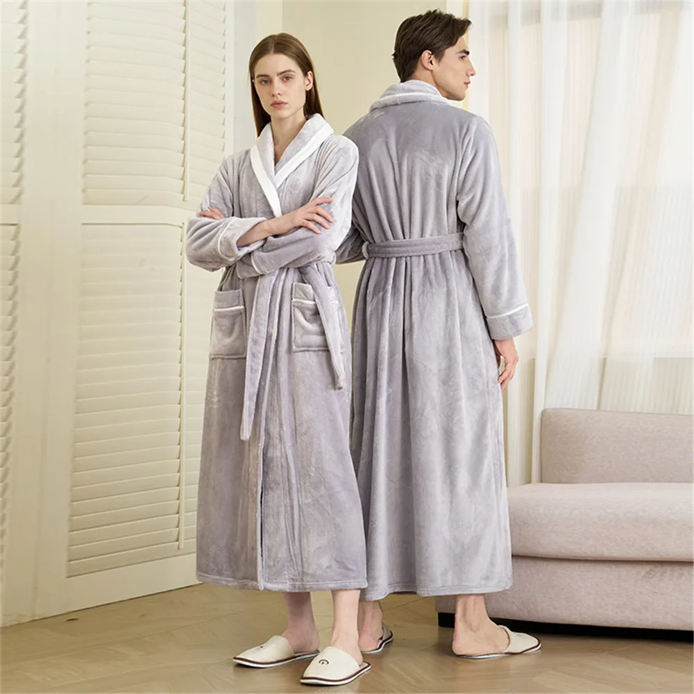 

Autumn Winter Women Men Casual Coral Fleece Sleepwear Warm Couple Home Wear Flannel Belt Pyjamas Kimono Bathrobe Gown