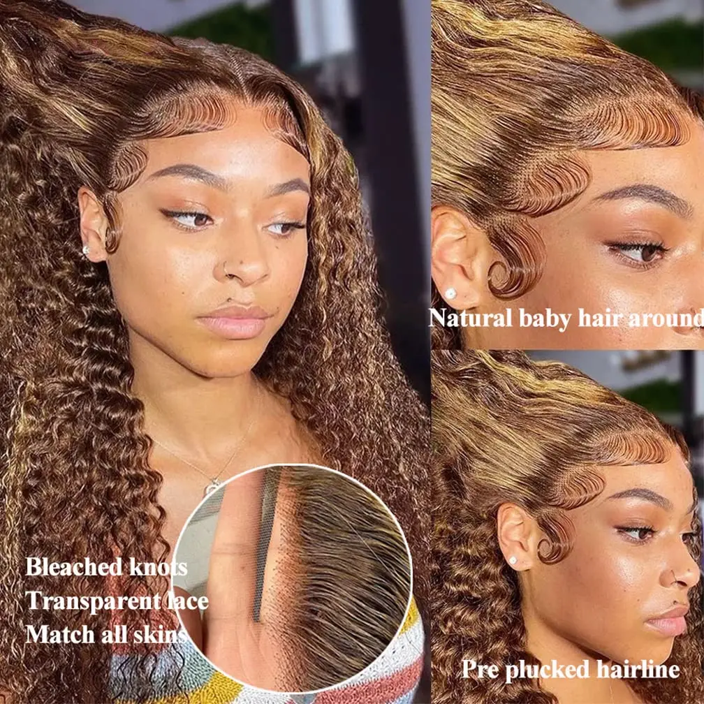 4/27 Highlight Water Wave Human Hair Wig 13x6 Lace Frontal Human Hair Wig For Women Curly Wig Transparent Lace Front Wig 180%