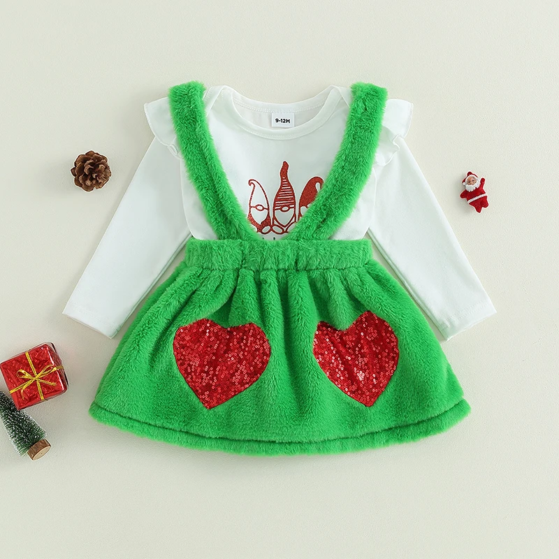 

Adorable Toddler Girl Winter Outfit Set Reindeer Print Knit Suspender Skirt for Christmas Party