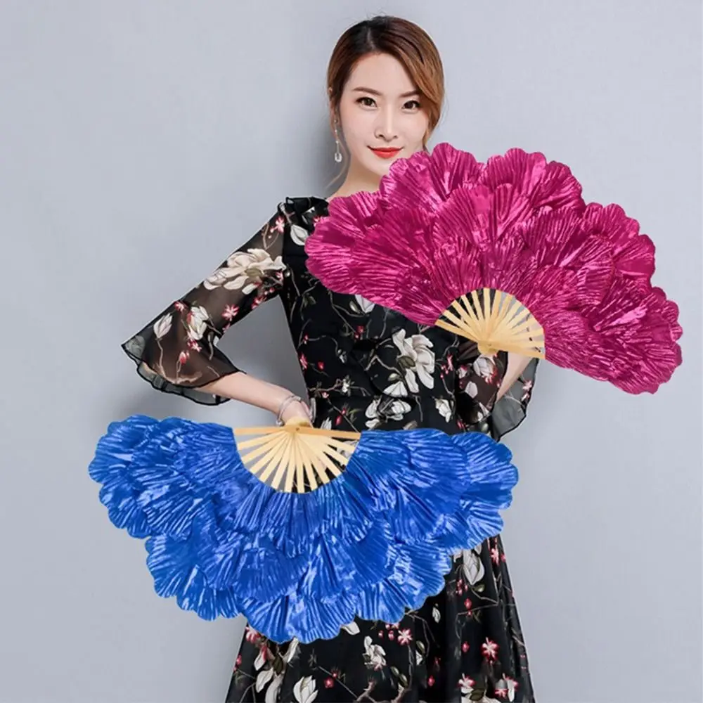 Portable Folding Belly Dancing Fan 38cm/45cm Long Imitation Peacock Silk Fans Peony Performance fan Square Dancing