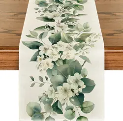Summer Camellia Flower Linen Table Runner Spring Floral Leaves Dresser Scarf Table Decor Holiday Wedding Party Dining Room Decor