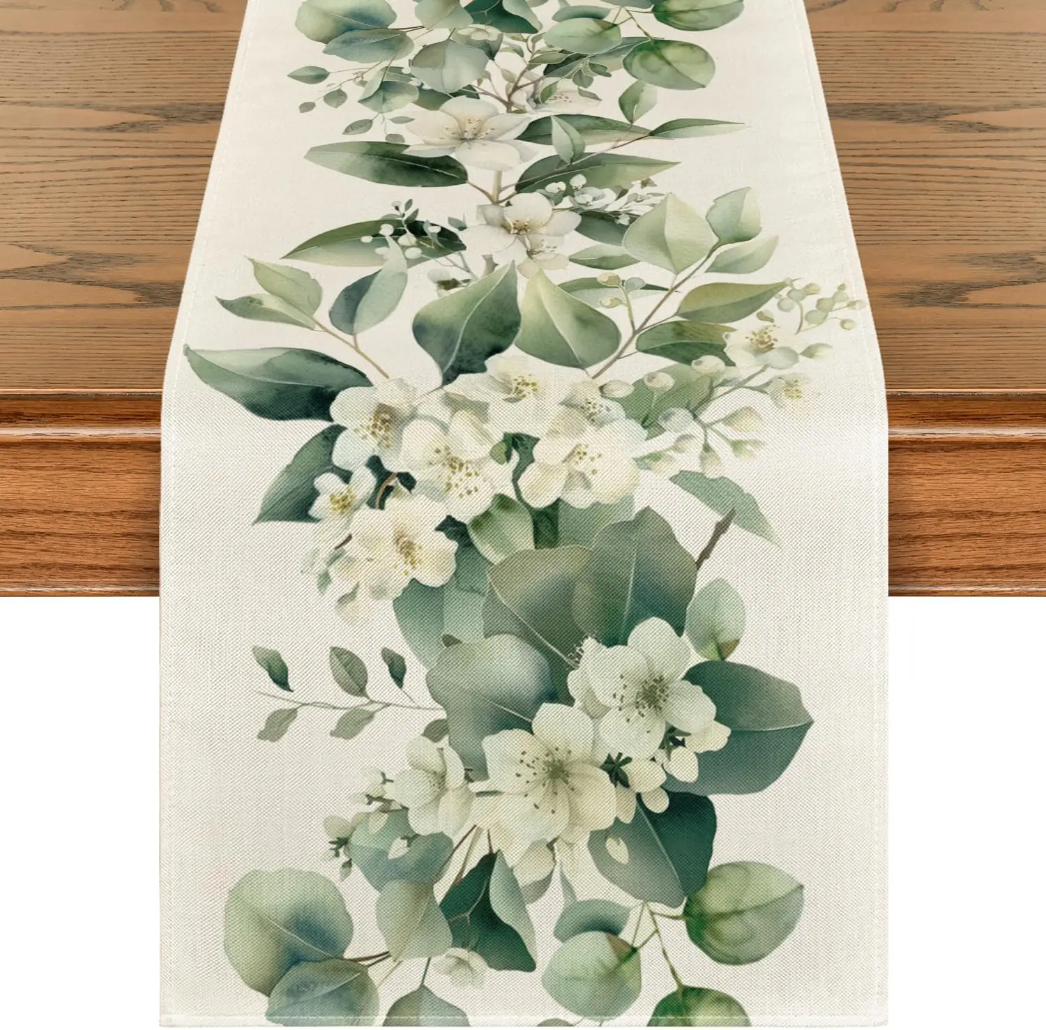 Summer Camellia Flower Linen Table Runner Spring Floral Leaves Dresser Scarf Table Decor Holiday Wedding Party Dining Room Decor