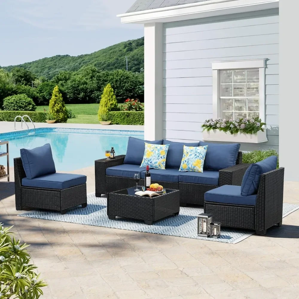 Terrace Furniture Set 6-piece All-weather Conversation Set Wicker PE Rattan Outdoor Sofa Set with Cushion and Coffee Table