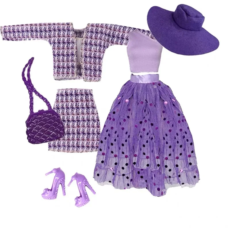 

1/6 Doll Clothes Parts Fashion Purple Small Fragrant Style Suit+Vest+Sequin Half-skirt+Shoes+Bag For 30cm Babi Supermodel Doll