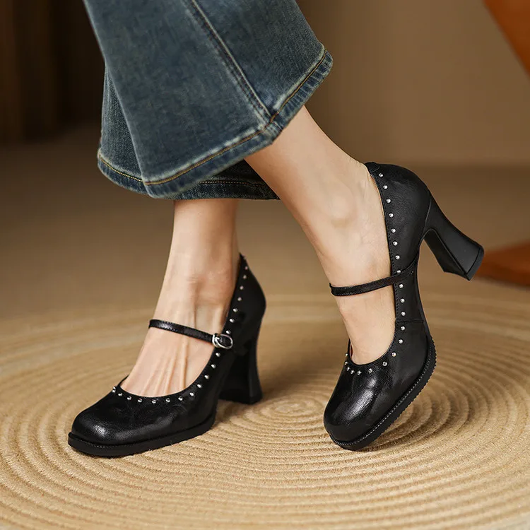 

Vintage Brown Real Leather Women Pumps Platform Square Toe Thin Strap Mary Jeans 8cm Chunky High Heels Black Working Stilettos