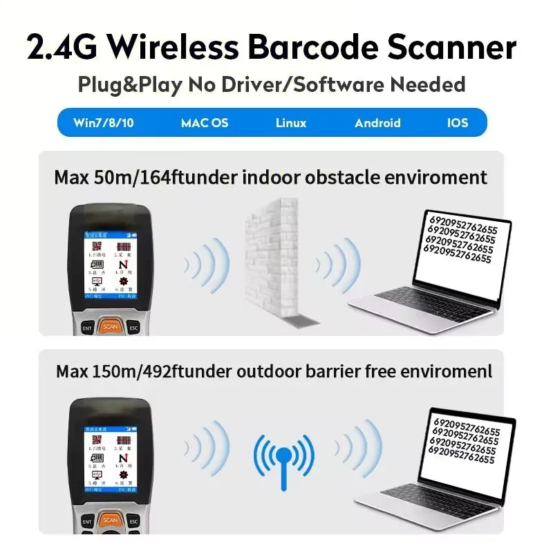 1D 2D CCD USB Wireless 2,4G Barcode Scanner Daten Sammler Lager Handheld Terminals QR Code Leser PDA