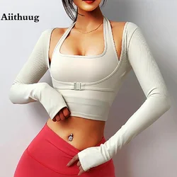 Aiithuug Padded Gym Shirts Long Sleeve Women Yoga Shirts Fake Two Pieces Fitness Tops with Underbust Fastener Sexy Workout Top