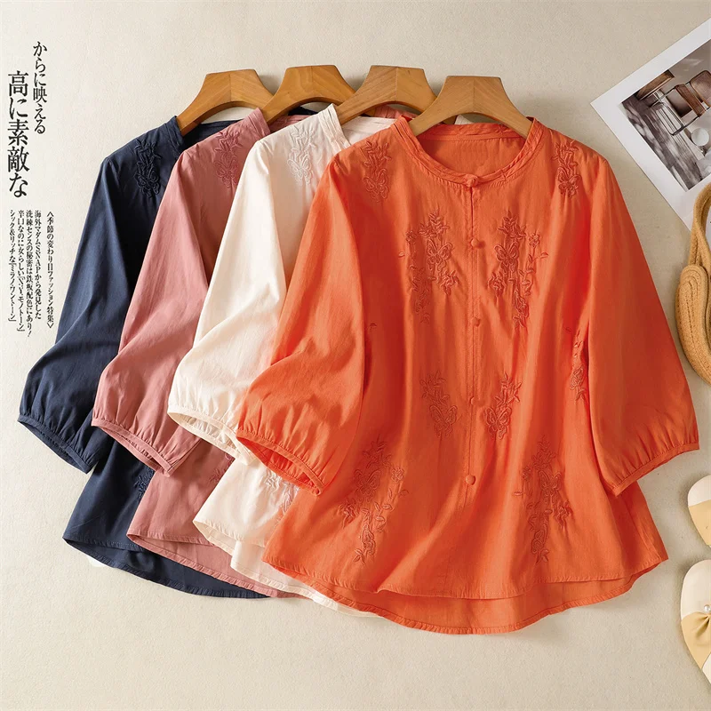 

Chinese Vintage Floral Embroidery Shirt Loose O Neck Three Quarter Sleeve Women Blouse Summer Ramie Pullover Tops