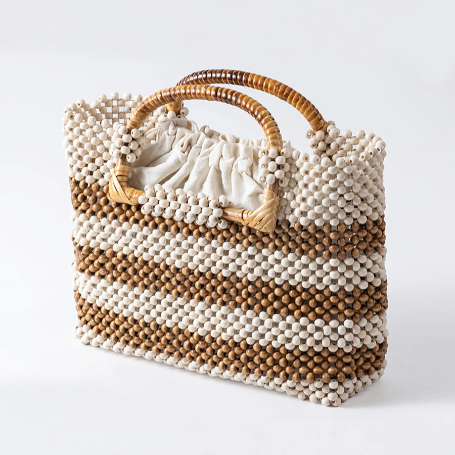 Panelled woven women's bag Large capacity bamboo handle wooden bead handbag summer design beach vacation hollow out clutch purse