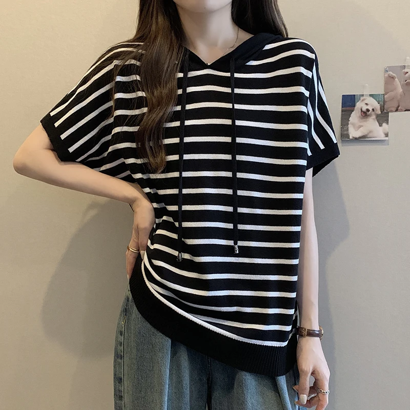 

Stylish Elegant Knitted Sweater Women's Tshirt Pullovers 2023 Summer Hooded Chain Short Sleeve Chic Fashion Stripe Tops Knitwear