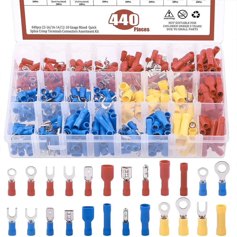 

440Pcs 22-16/16-14/12-10 Gauge Electrical Insulated Ring Bullet Butt Spade Fork Splice Crimp Wire Terminals Connectors Kit