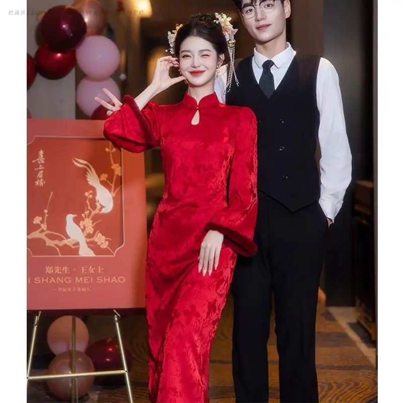 

Chinese Style Bride Wedding Party Banquet Dress Qipao Red Jacquard Chesongam Autumn Winter Improved Hanfu Long Qipaos Vestidos