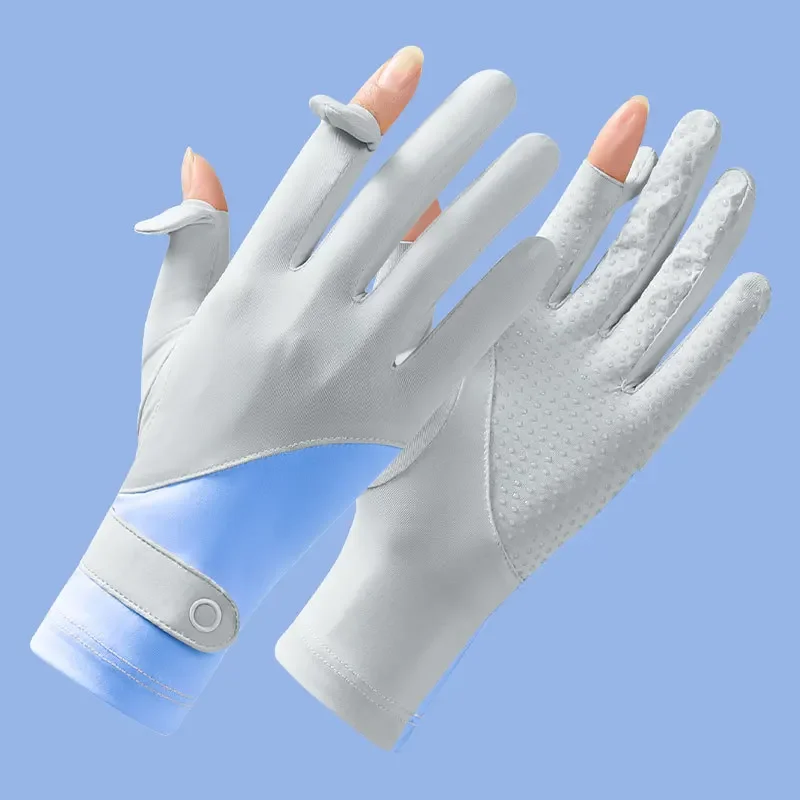 قفازات نسائية واقية من الشمس من الحرير الجليدي - قفازات رفيعة غير قابلة للانزلاق بدون أصابع للحماية من الأشعة فوق البنفسجية لركوب الدراجات والرياضة