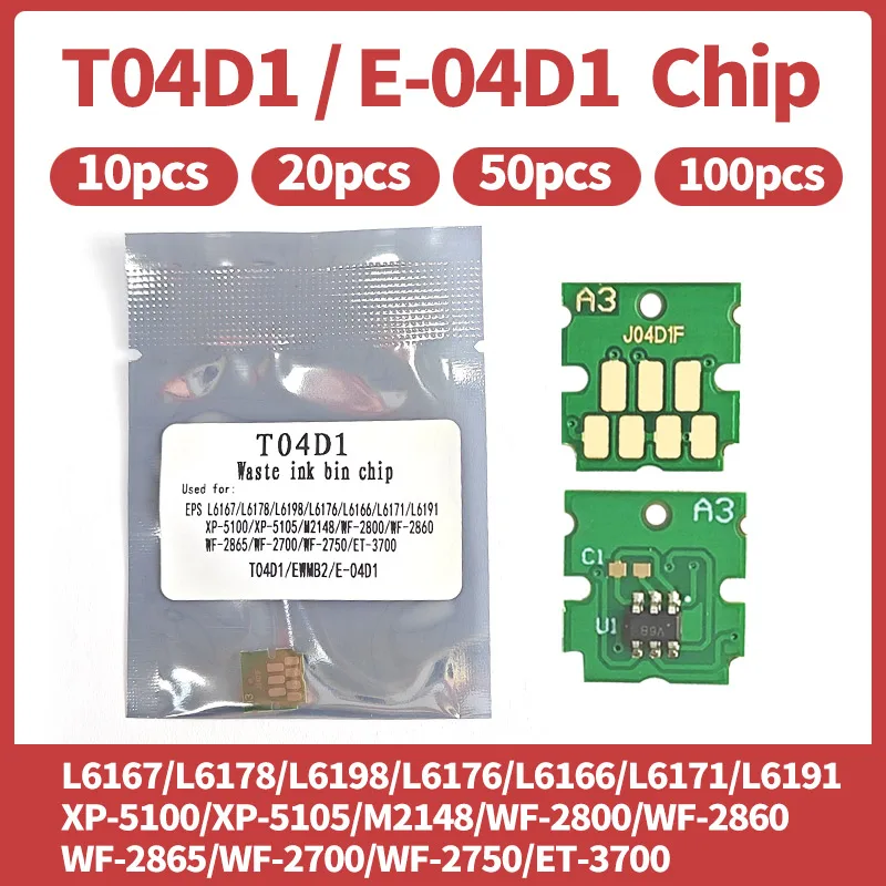 10~100PCS T04D1 Maintenance Tank Box Chip Compatible For Epson L6167 L6178 L6198 L6176 L6166 L6171 L6191 XP5100 5105 wf2800 2860