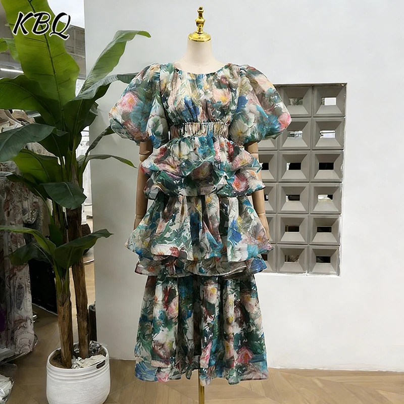 

Винтажное платье KBQ с цветными оборками для вечеринок, женское, с круглым вырезом, пышными рукавами, завышенной талией, комбинированное, с оборками, элегантное