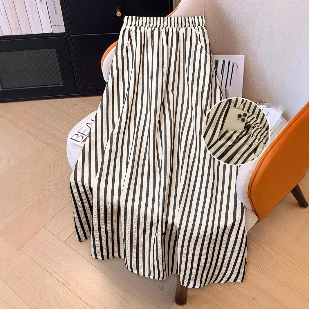 

Женская повседневная удобная мини-юбка в полоску больших размеров, простой дизайн, трапециевидной силуэт для женщин больших размеров