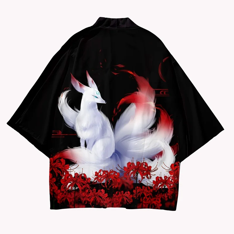 

Japanese Kimono Cardigan Yukata Women's Japanese Streetwear Shirt Nine-tailed Demon Fox Print Haori Women's Kimono OBI Top