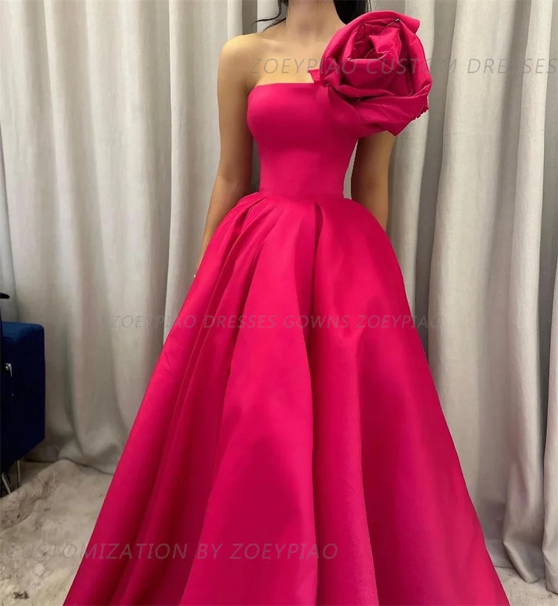 Fuschia Satin One Shoulder A Line Evening Prom Dresses Flower Sleeveless Formal Event Occasion Party Gowns Custom Made