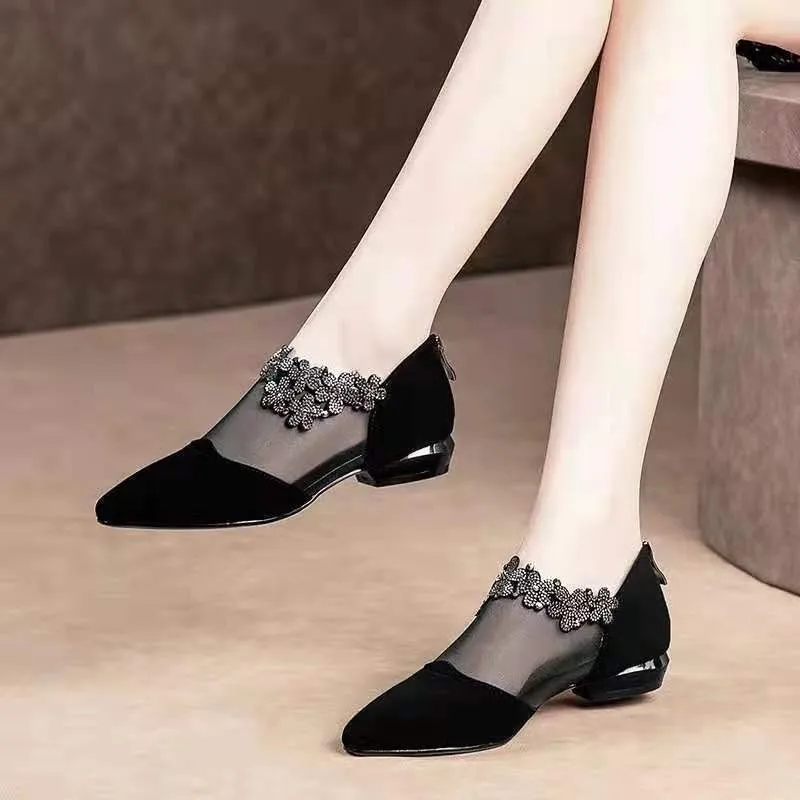 Elegant Women Shoes Mesh Sexy Single in Europe America 2024 Spring Pumps Gauze Flats Pointed Toe Hollow Fashion Ventilate Work