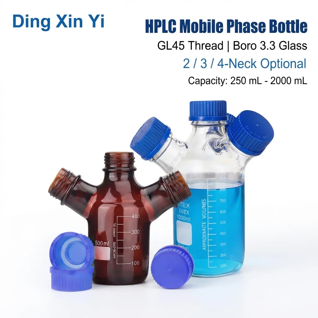 DXY Amber Brown GL45 Mobile Phase Bottle 2/3/4 Neck 250ml-2000ml Lab HPLC Liquid Chromatography Screw Top Solvent Reservoir