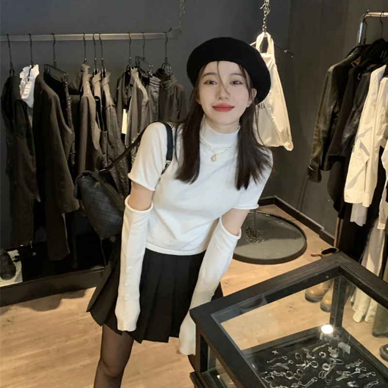 Pullovers Woman Spliced Fashion Solid Half High Collar Casual Office Ladies Slim All-match Streetwear Korean Style Simple Autumn