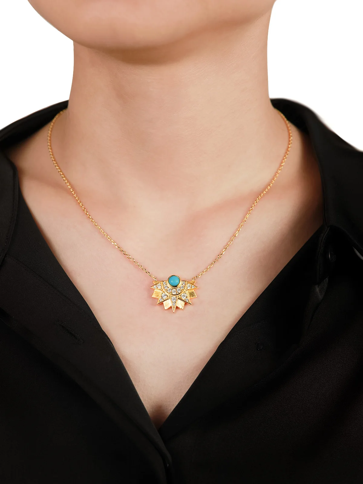 

APIR 18K Gold Plated Sun Round Floral Design Pendant Necklaces for Women Blue Turquoise Zirconia Elegant Fine Neck Jewelry Gifts
