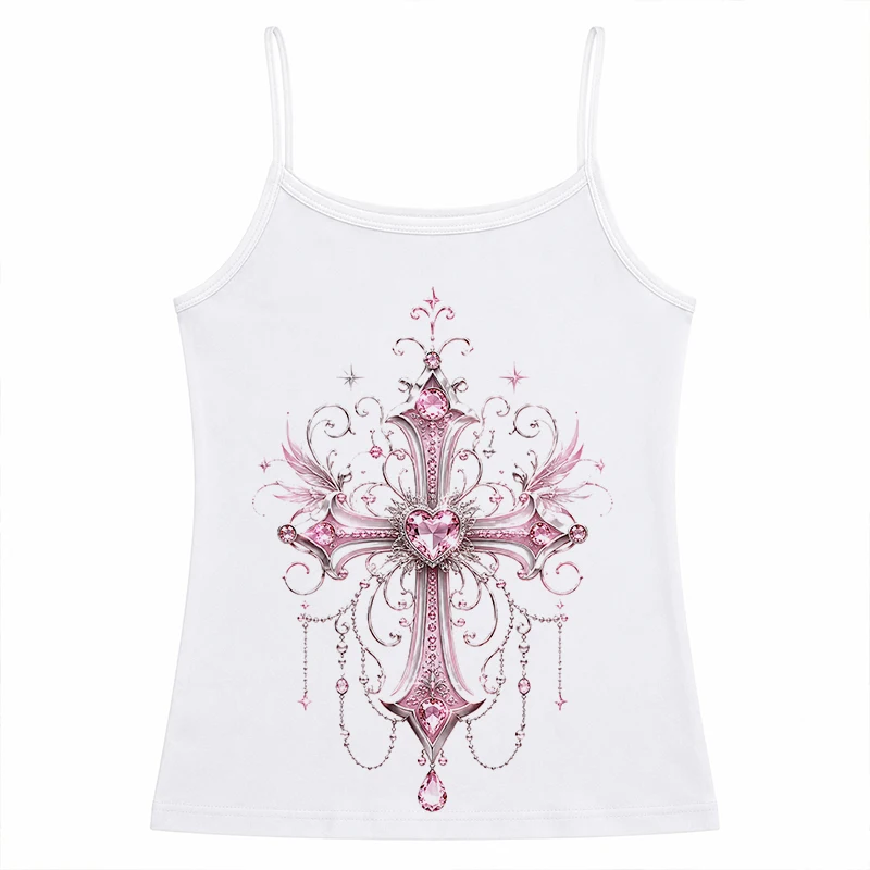Exquisite Crucifix Graphics Print Casual White Sleeveless Cami Top Women Fashion Crop Tops Ladies Fitness Camisole Summer Vest
