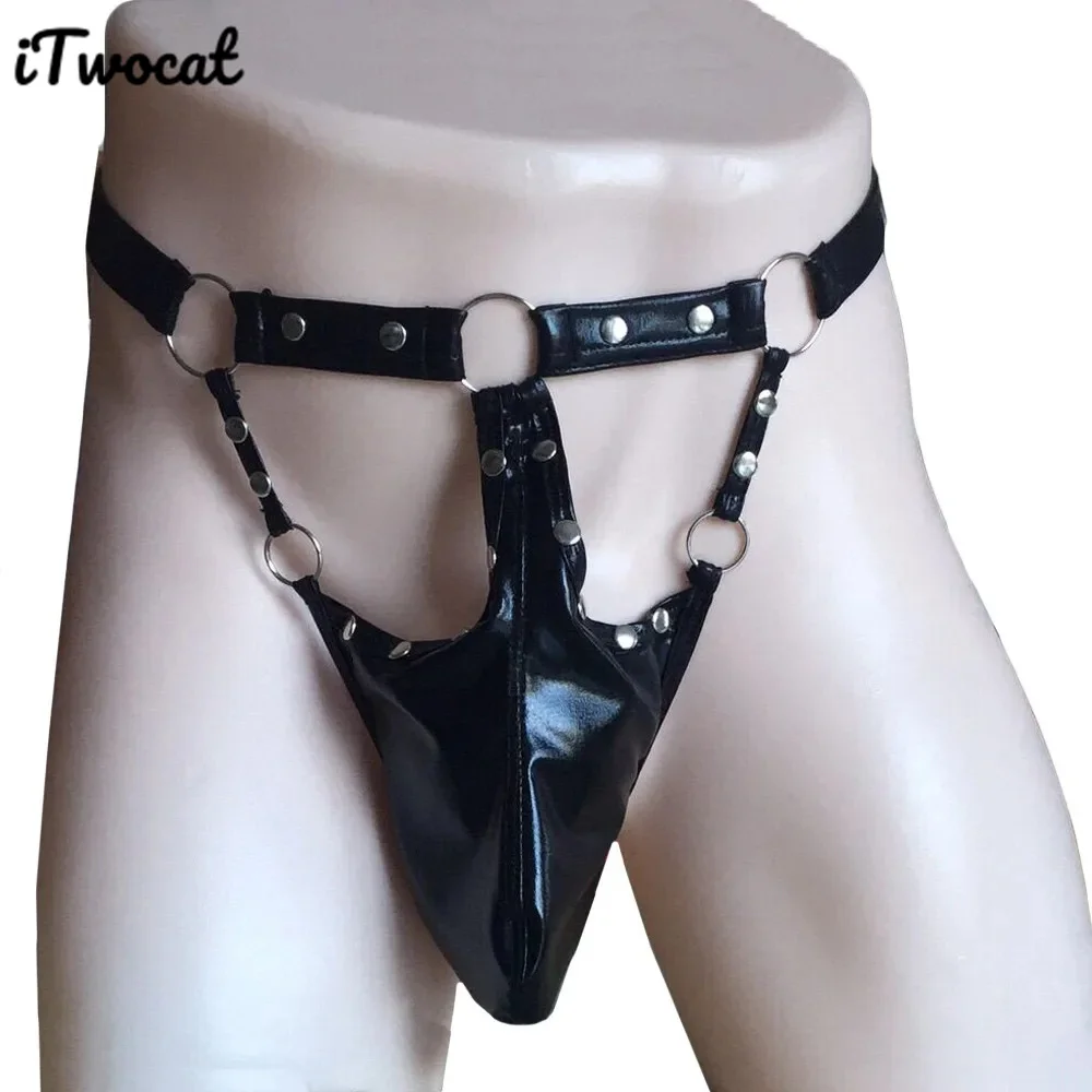 iTwocat Gay Jockstrap Men\'s Underwear Pu Leather Hollow Out Thongs Adult Underpants Sexy Men Exotic Costume G-Strings Lingerie