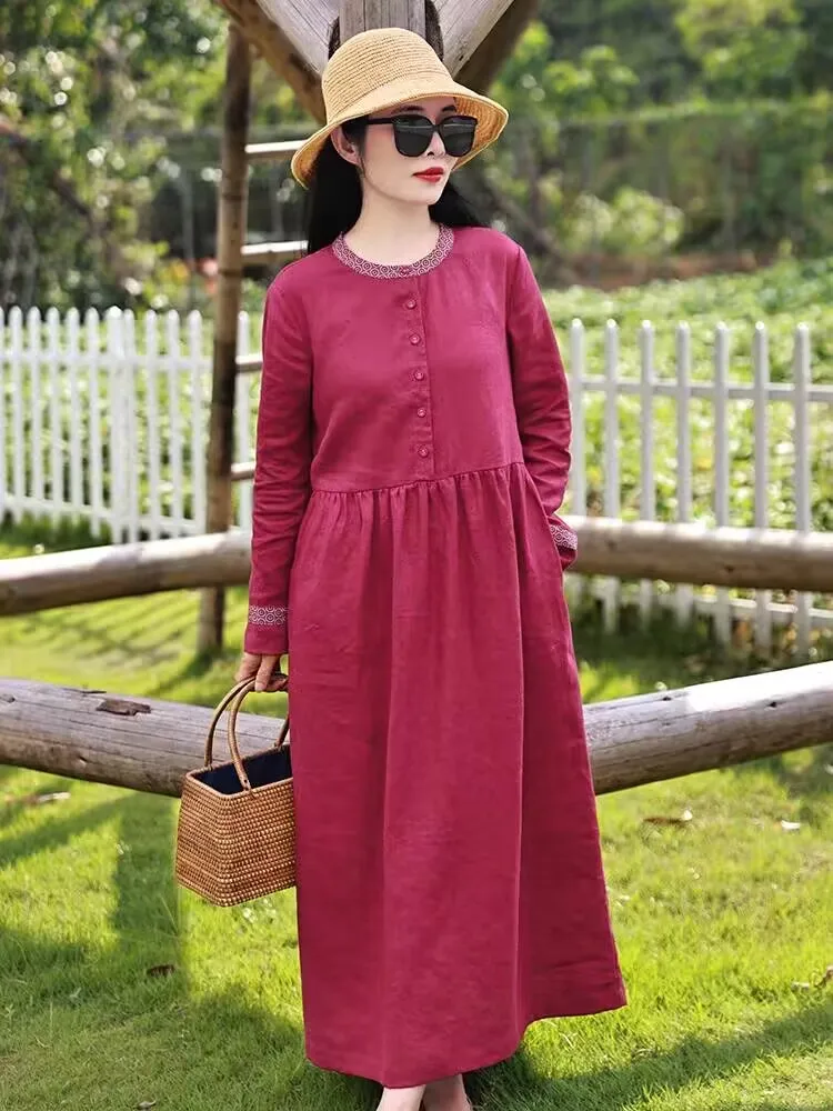 

Cotton Linen Red Vintage Dresses For Women 2024 Spring Autumn Casual Long Sleeve Fashion Elegant Dress Office Lady Work Clothing