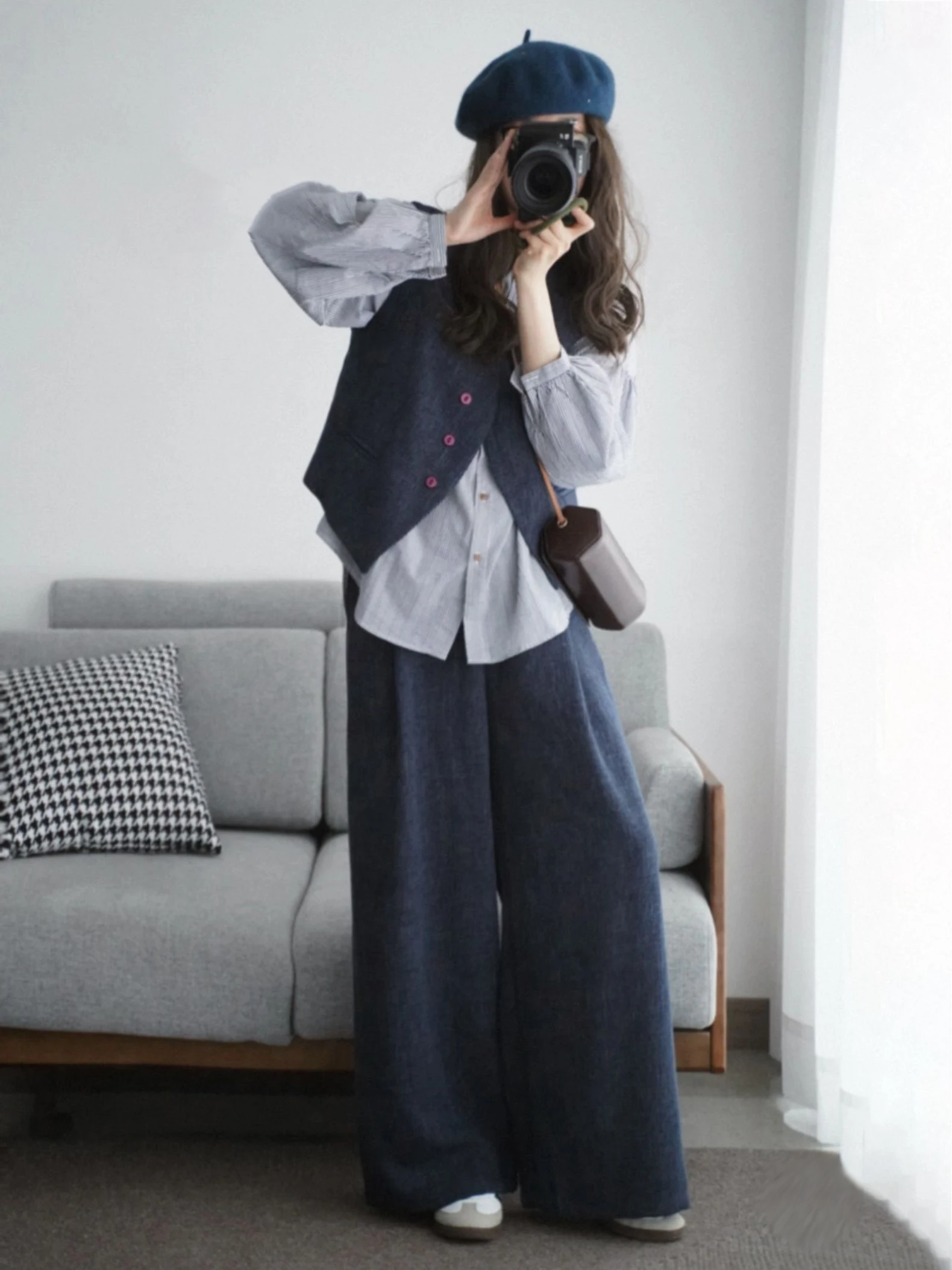 Retro Japanese Style Women's Three-Piece Set Sleeveless Wide Leg Pants Striped Shirt And Vest Autumn Fashion Ensemble