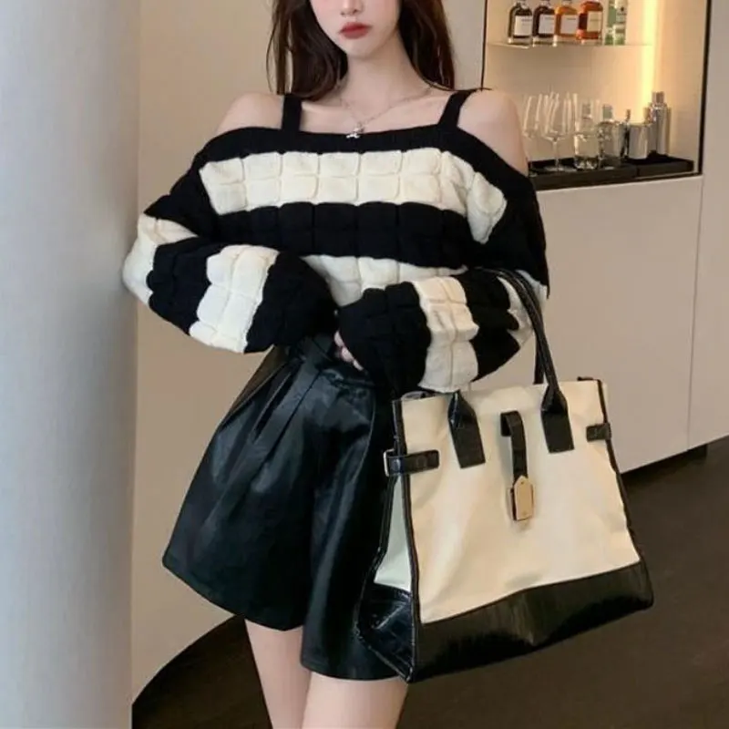 Stylish Slash Neck Off Shoulder Jumpers Autumn Winter Loose Striped Female Clothing Korean Contrasting Colors Knitted Sweaters