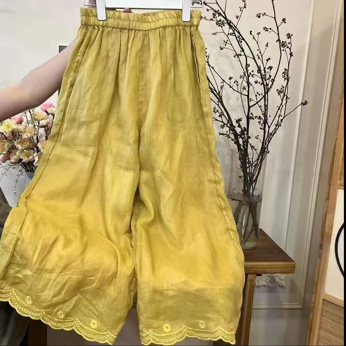 

Summer Breathable Casual Loose Wide Leg Pants Double Layer Embroidered Lightweight Elastic Waist Comfortable Pure Color