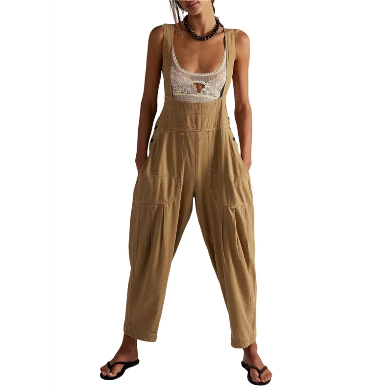 A09P femme ample décontracté côté sans manches Denim réglable barboteuse combinaison avec poches Bronze S