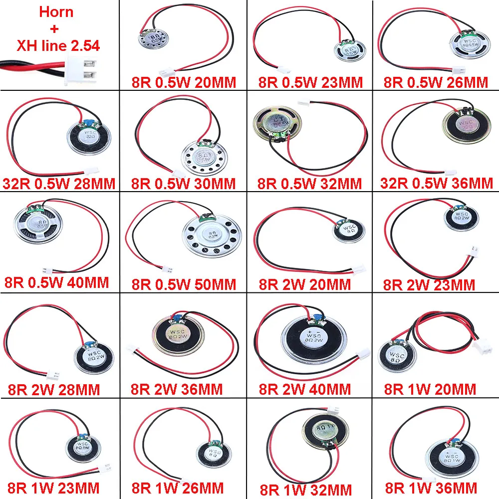 1Pcs Ultra Thin Speaker 8 32 ohms 8R 32R 0.5W 1W 2W Diameter 20 23 26 28 30 32 36 40 50 MM With XH 2.54 Terminal Wire