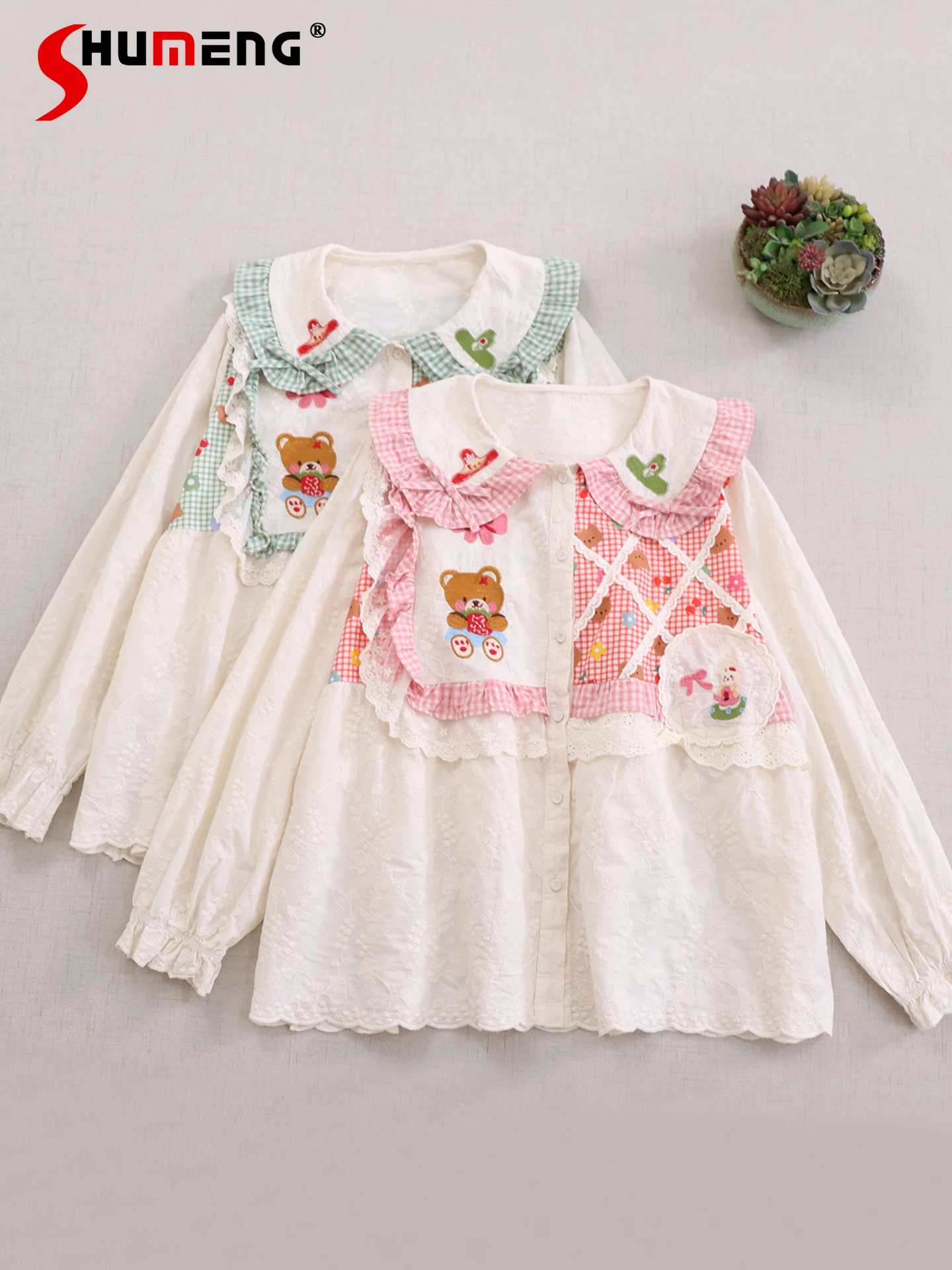 

Японские милые рубашки с кукольным воротником в стиле Морі для девочек, свободные универсальные милые однобортные блузки с вышивкой, женский топ