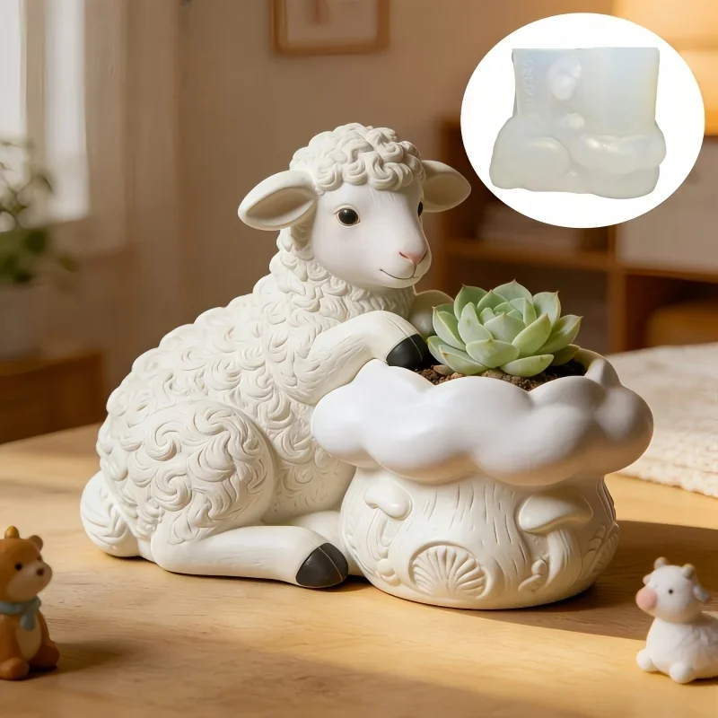 Cute Sheep Hug Flower Pot Succulent Plant Flower Pot Resin Silicone Mold Smile Sheep Storage Box Candle Cup Gypsum Molds