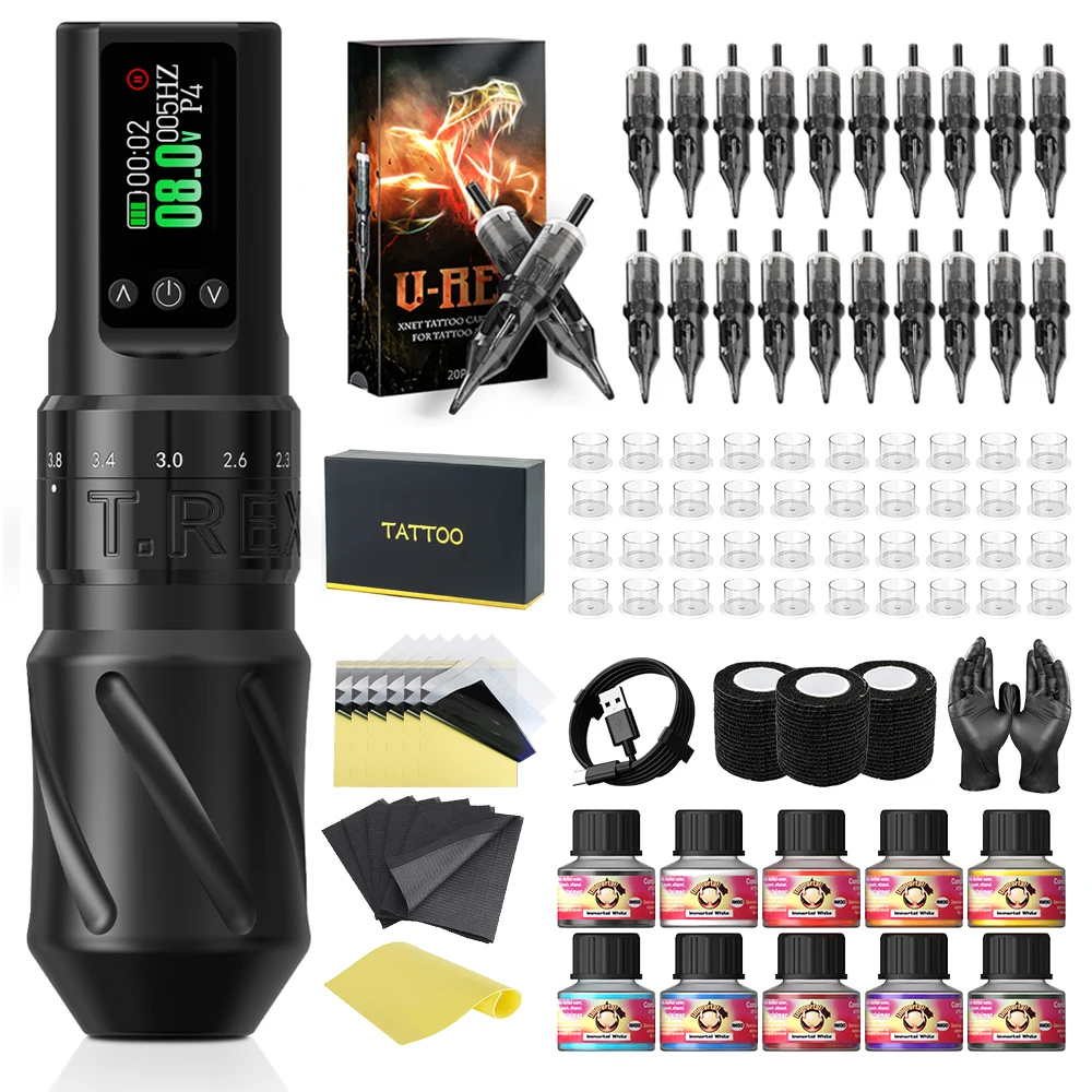

Tattoo Kit T-Rex Wireless Tattoo Pen Kit Rotary Tattoo Pen Adjustable 7 Stroke Lengths 1600mA Tattoo Power Supply Tattoo Gun Kit