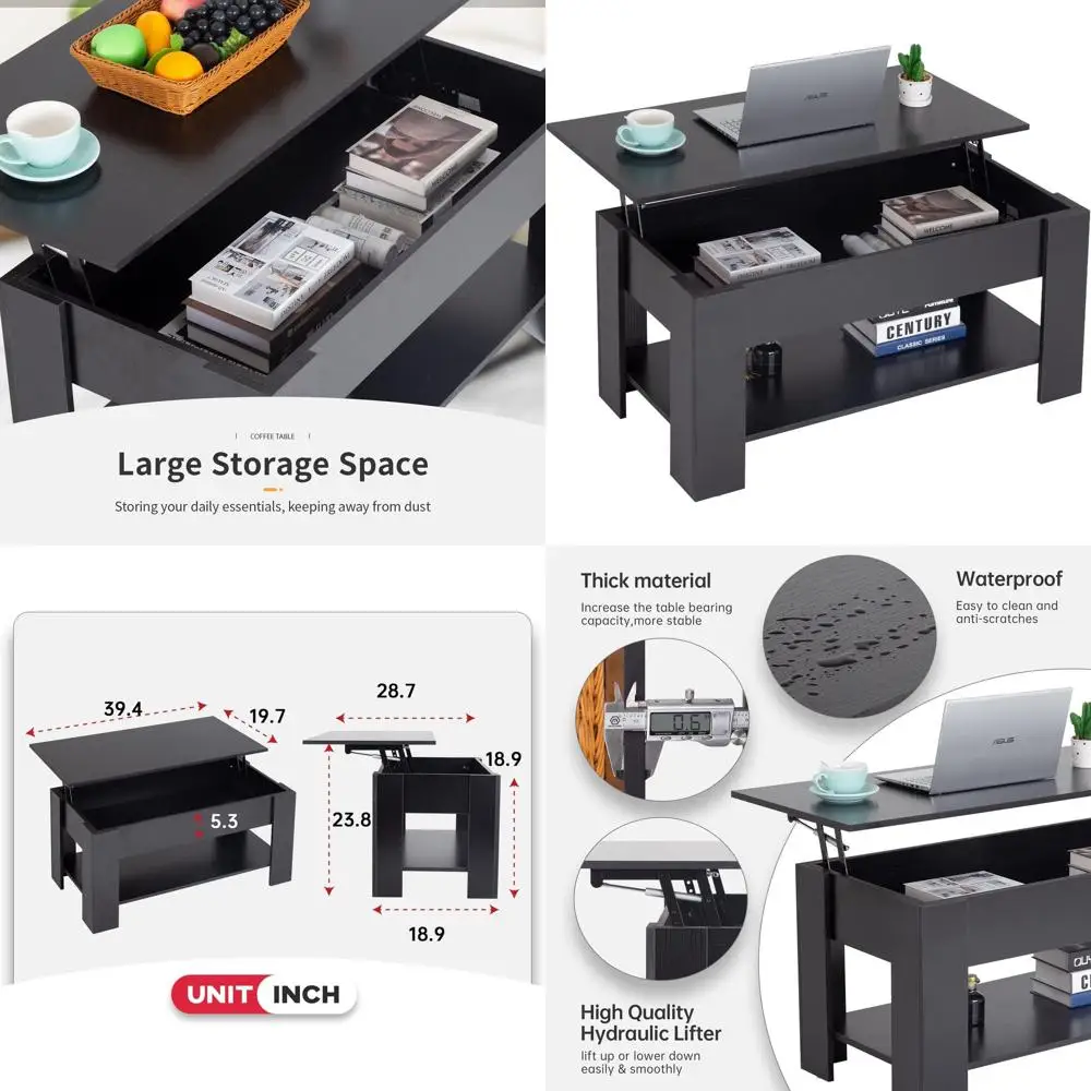 

39.4 Large Coffee Table with Storage and Hidden Compartment for Living Room and Office in Black