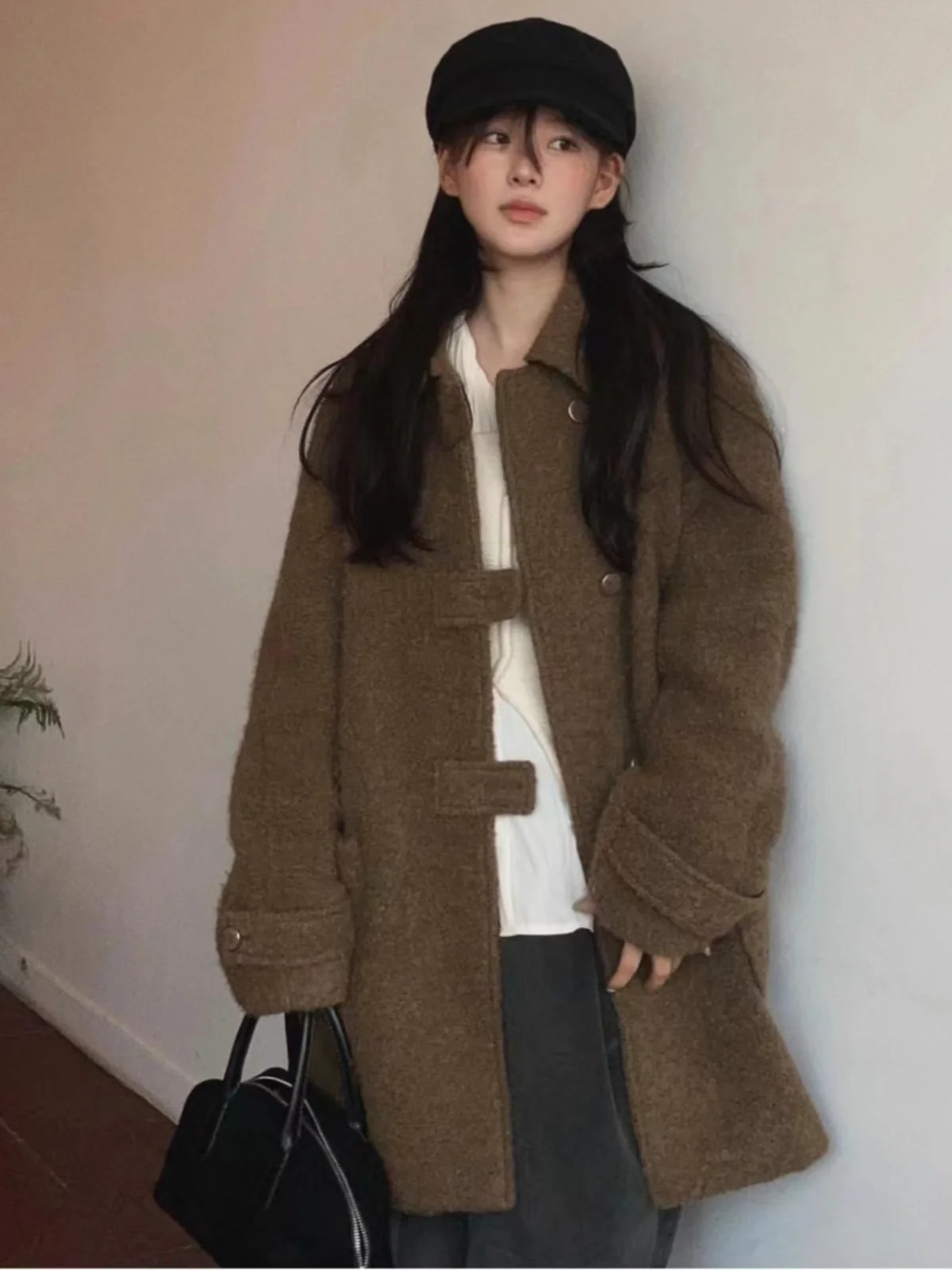 

Women's Winter Woolen Coat Vintage Collar Mid-Length High-End Feeling Long Sve Korean Sle Commute Straight Tube Dr