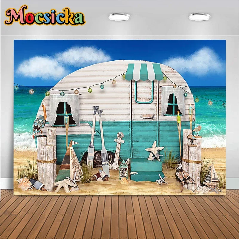 

Mocsicka Summer Decoration Photography Backdrops Island Seaside RV Sea Blue Sky White Clouds Props Background Studio Photozone