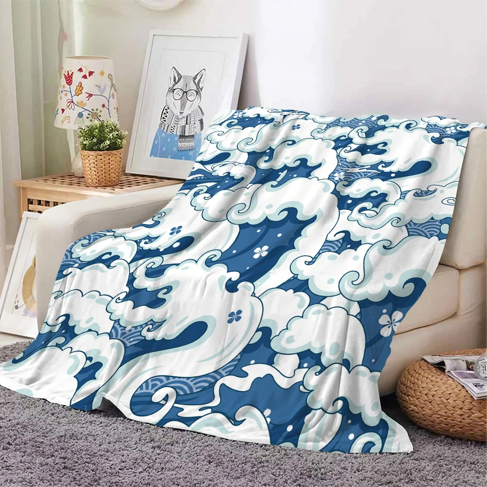 CLOOCL New Blue Blanket Cute Cartoon Waves Genre Painting Pattern 3D Printed Living Room Bedroom Office Nap Blanket Soft Warm