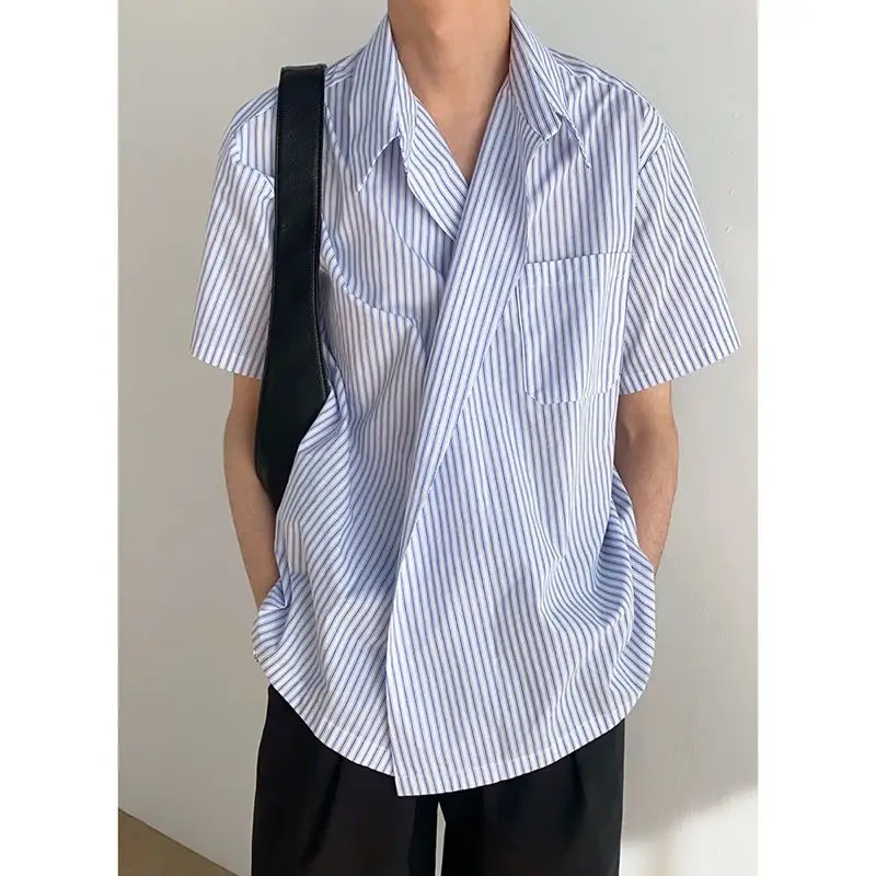 

Handsome irregular high-end design short-sleeved shirt for men Korean style trendy and handsome ins blue striped shirt y2k tops